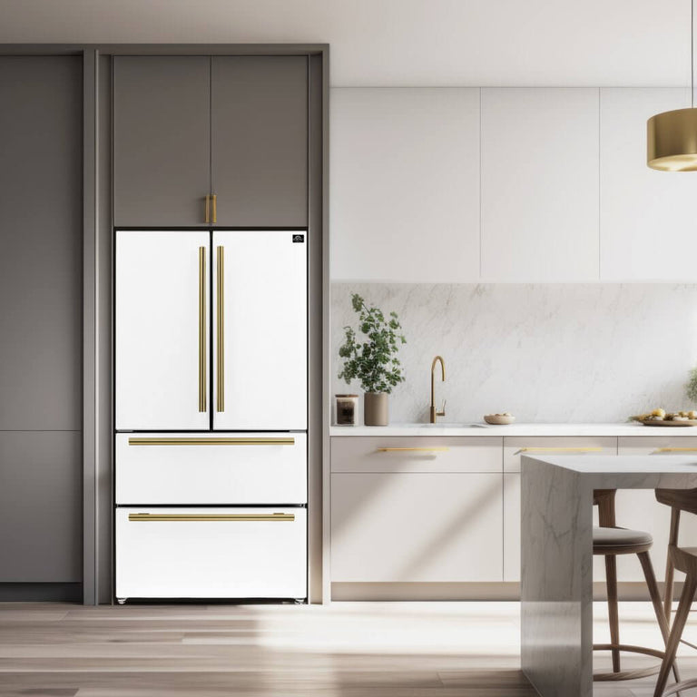 Forno Espresso Package - 30" Electric Range, Range Hood and Refrigerator in White with Antique Brass Handles