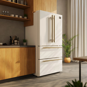 Forno Espresso Package - 30" Gas Range, Range Hood, 36" Refrigerator with Ice Maker, Dishwasher and 24" Microwave Drawer in White with Antique Brass Accents