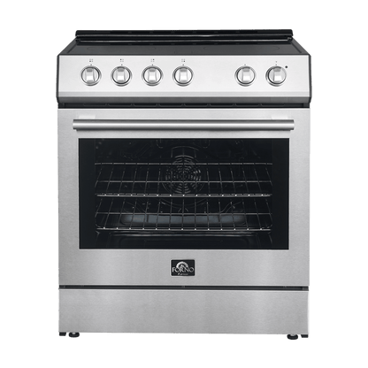 Forno Espresso Package - 30" Electric Range, Range Hood and Dishwasher in Stainless Steel with Silver Handles