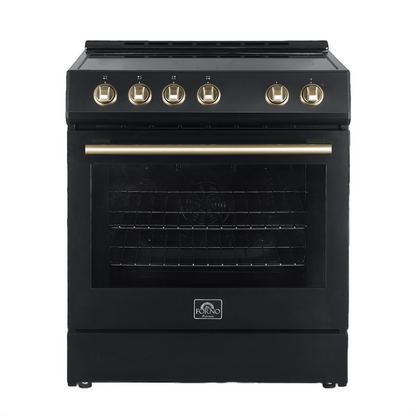 Forno Espresso Package - 30" Electric Range, Range Hood, Refrigerator and Dishwasher in Black with Antique Brass Handles