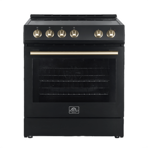 Forno Espresso Package - 30" Electric Range, Range Hood, Refrigerator and Dishwasher in Black with Antique Brass Handles