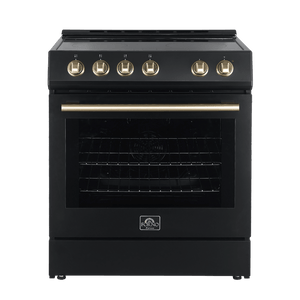 Forno Espresso Package - 30" Electric Range and Range Hood in Black with Antique Brass Handles, FBDL-002-02US