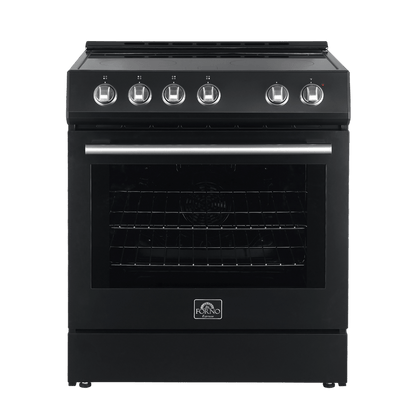 Forno Espresso Package - 30" Electric Range and Refrigerator in Black with Silver Handles