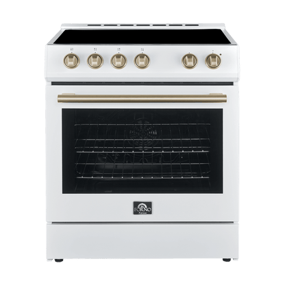 Forno Espresso Package - 30" Electric Range, Range Hood and Refrigerator in White with Antique Brass Handles, FBDL-001-03US