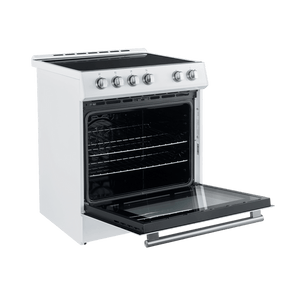 Forno Espresso Package - 30" Electric Range, Range Hood, Refrigerator and Dishwasher in White with Silver Handles