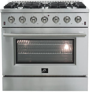Forno Package - 36 Inch Gas Range, Wall Mount Range Hood, Refrigerator, Microwave Drawer, Dishwasher, AP-FFSGS6244-36-8