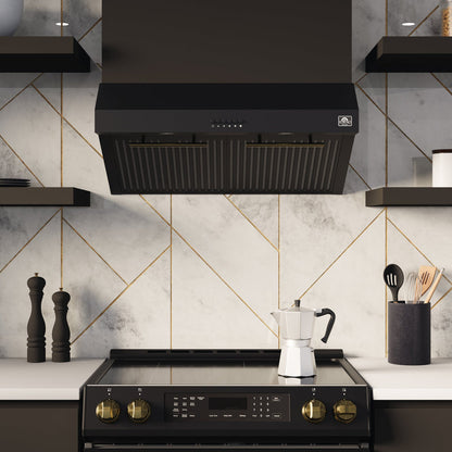 Forno Espresso Package - 30" Electric Range, Range Hood and Refrigerator in Black with Antique Brass Handles