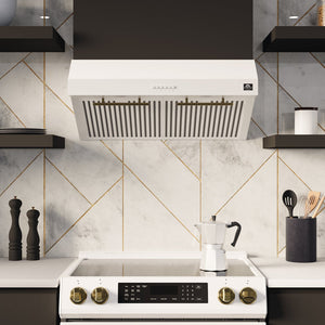 Forno Espresso Package - 30" Electric Range and Range Hood in White with Antique Brass Handles, FBDL-002-03US