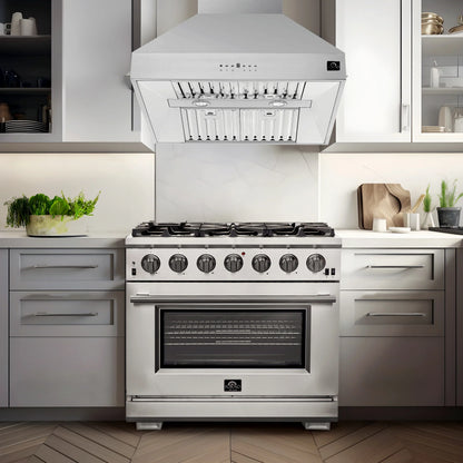 Forno Appliance Package - 36 Inch Gas Range, Wall Mount Range Hood, Microwave Drawer, AP-FFSGS6244-36-W-3