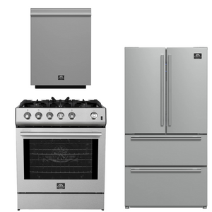 Forno Espresso Package - 30" Gas Range, 36" Refrigerator with Ice Maker and Dishwasher in Stainless Steel