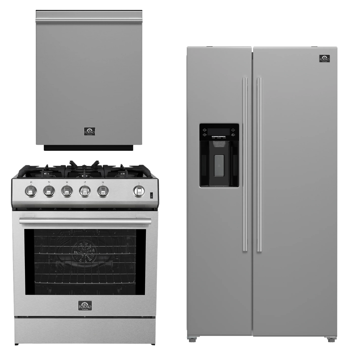 Forno Espresso Package - 30" Gas Range, 36" Refrigerator with Water and Ice Dispenser and Dishwasher in Stainless Steel