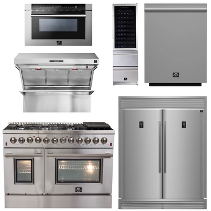 Forno Appliance Package - 48 Inch Dual Fuel Range, Range Hood, Refrigerator, Microwave Drawer, Dishwasher, Wine Cooler, AP-FFSGS6156-48-9