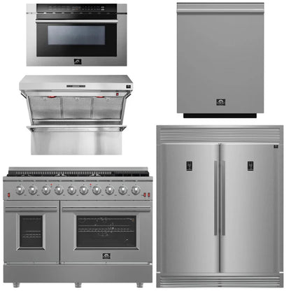 Forno Package - 48 Inch Gas Range, Wall Mount Range Hood, Refrigerator, Microwave Drawer, Dishwasher, AP-FFSGS6244-48-8