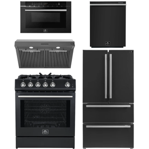 Forno Espresso Package - 30" Gas Range, Range Hood, 36" Refrigerator with Ice Maker, Dishwasher and 24" Microwave Drawer in Black with Silver Accents