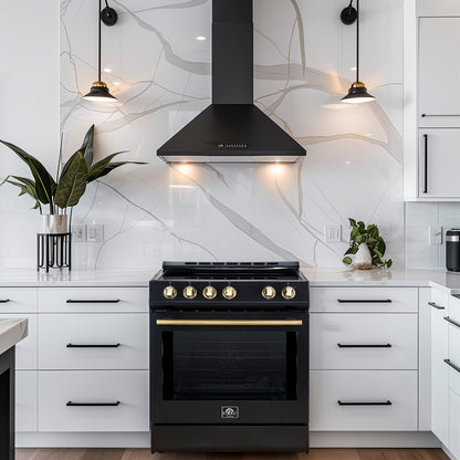 Forno Espresso Package - 30" Induction Range and Under Cabinet Range Hood in Black with Antique Brass Accents