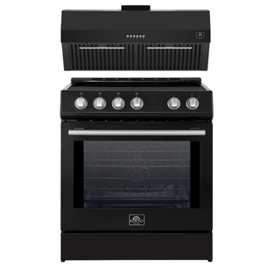 Forno Espresso Package - 30" Induction Range and Under Cabinet Range Hood in Black with Silver Accents