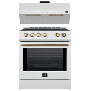 Forno Espresso Package - 30" Induction Range and Under Cabinet Range Hood in White with Antique Brass Accents
