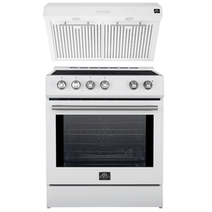 Forno Espresso Package - 30" Induction Range and Under Cabinet Range Hood in White with Silver Accents