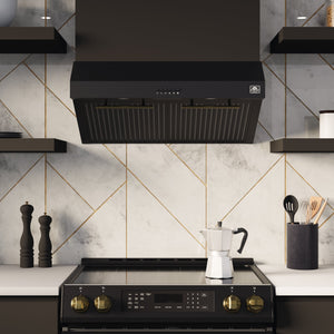 Forno Espresso Package - 30" Gas Range and Under Cabinet Range Hood in Black with Antique Brass Accents