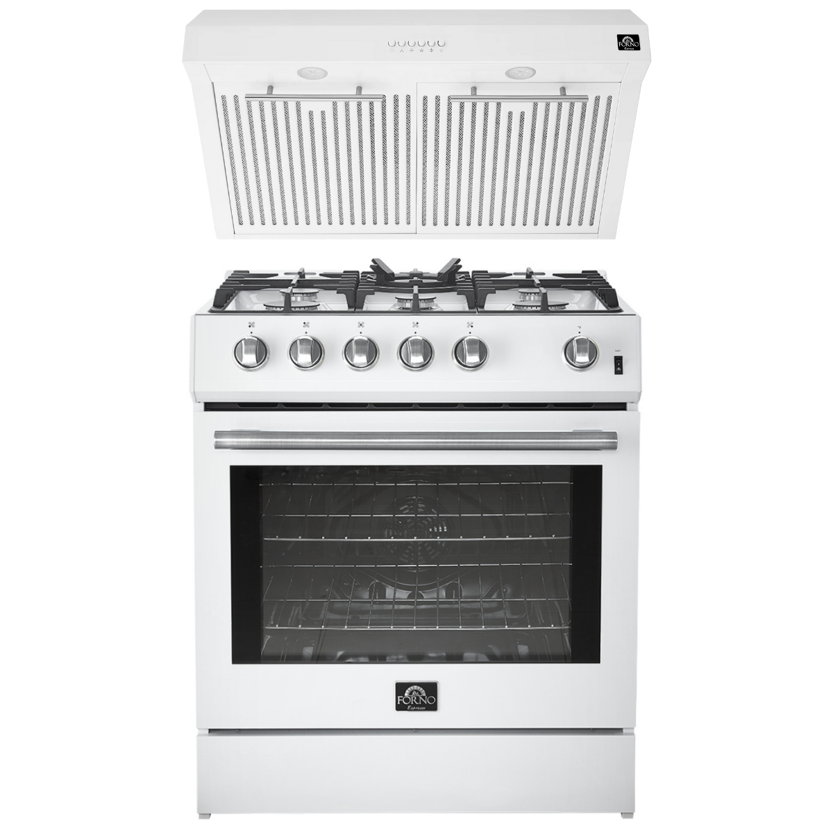 Forno Espresso Package - 30" Gas Range and Under Cabinet Range Hood in White with Silver Accents