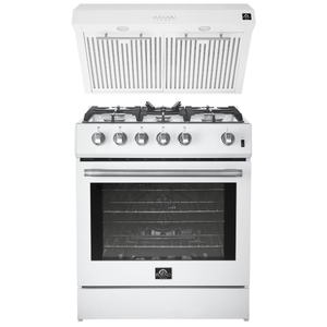 Forno Espresso Package - 30" Gas Range and Under Cabinet Range Hood in White with Silver Accents