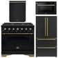 Forno Espresso Antico Package - 36" Gas Range, 36" Refrigerator with Ice Maker, Dishwasher and 24" Microwave Drawer in Black with Antique Brass Accents