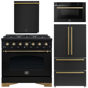 Forno Espresso Antico Package - 36" Dual Fuel Range, 36" Refrigerator with Ice Maker, Dishwasher and 24" Microwave Drawer in Black with Antique Brass Accents