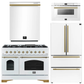 Forno Espresso Antico Package - 48" Gas Range, 36" Refrigerator with Ice Maker, Dishwasher and 24" Microwave Drawer in White with Antique Brass Accents