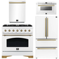 Forno Espresso Antico Package - 36" Gas Range, 36" Refrigerator with Ice Maker, Dishwasher and 24" Microwave Drawer in White with Antique Brass Accents