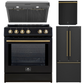Forno Espresso Package - 30" Induction Range, Range Hood, 30" Refrigerator with Ice Maker and Dishwasher in Black with Antique Brass Accents