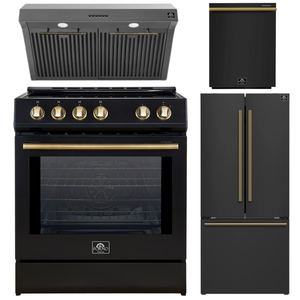 Forno Espresso Package - 30" Induction Range, Range Hood, 30" Refrigerator with Ice Maker and Dishwasher in Black with Antique Brass Accents