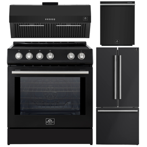 Forno Espresso Package - 30" Induction Range, Range Hood, 30" Refrigerator with Ice Maker and Dishwasher in Black with Silver Accents