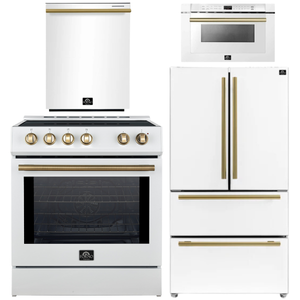 Forno Espresso Package - 30" Induction Range, 36" Refrigerator with Ice Maker, Dishwasher and 24" Microwave Drawer in White with Antique Brass Accents