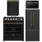 Forno Espresso Package - 30" Gas Range, 30" Refrigerator with Ice Maker, Dishwasher and 24" Microwave Drawer in Black with Antique Brass Accents