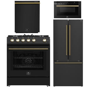 Forno Espresso Package - 30" Gas Range, 30" Refrigerator with Ice Maker, Dishwasher and 24" Microwave Drawer in Black with Antique Brass Accents