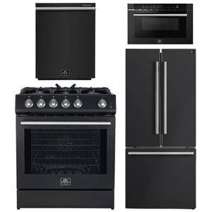 Forno Espresso Package - 30" Gas Range, 30" Refrigerator with Ice Maker, Dishwasher and 24" Microwave Drawer in Black with Silver Accents