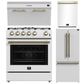 Forno Espresso Package - 30" Gas Range, Range Hood, 30" Refrigerator with Ice Maker and Dishwasher in White with Antique Brass Accents