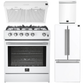Forno Espresso Package - 30" Gas Range, Range Hood, 30" Refrigerator with Ice Maker and Dishwasher in White with Silver Accents