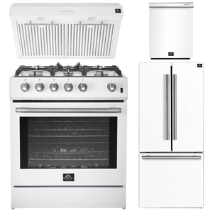Forno Espresso Package - 30" Gas Range, Range Hood, 30" Refrigerator with Ice Maker and Dishwasher in White with Silver Accents