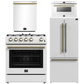 Forno Espresso Package - 30" Gas Range, 30" Refrigerator with Ice Maker, Dishwasher and 24" Microwave Drawer in White with Antique Brass Accents