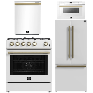 Forno Espresso Package - 30" Gas Range, 30" Refrigerator with Ice Maker, Dishwasher and 24" Microwave Drawer in White with Antique Brass Accents