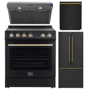 Forno Espresso Package - 30" Electric Range, Range Hood, 30" Refrigerator with Ice Maker and Dishwasher in Black with Antique Brass Accents