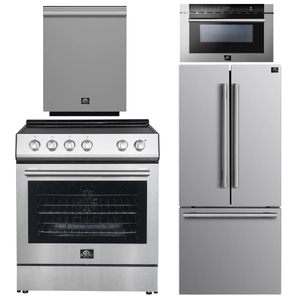Forno Espresso Package - 30" Electric Range, 30" Refrigerator with Ice Maker, Dishwasher and 24" Microwave Drawer in Stainless Steel