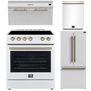 Forno Espresso Package - 30" Electric Range, Range Hood, 30" Refrigerator with Ice Maker and Dishwasher in White with Antique Brass Accents