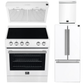 Forno Espresso Package - 30" Electric Range, Range Hood, 30" Refrigerator with Ice Maker and Dishwasher in White with Silver Accents