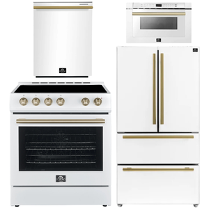 Forno Espresso Package - 30" Electric Range, 36" Refrigerator with Ice Maker, Dishwasher and 24" Microwave Drawer in White with Antique Brass Accents