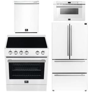 Forno Espresso Package - 30" Electric Range, 36" Refrigerator with Ice Maker, Dishwasher and 24" Microwave Drawer in White with Silver Accents