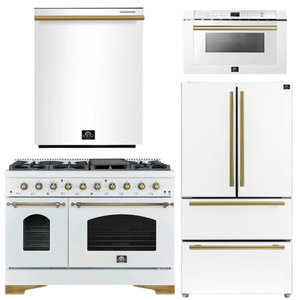 Forno Espresso Antico Package - 48" Dual Fuel Range, 36" Refrigerator with Ice Maker, Dishwasher and 24" Microwave Drawer in White with Antique Brass Accents