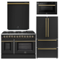 Forno Galiano Package - 48" Dual Fuel Range, 36" Refrigerator with Ice Maker, Dishwasher and 24" Microwave Drawer in Black with Antique Brass Accents