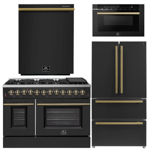 Forno Galiano Package - 48" Dual Fuel Range, 36" Refrigerator with Ice Maker, Dishwasher and 24" Microwave Drawer in Black with Antique Brass Accents